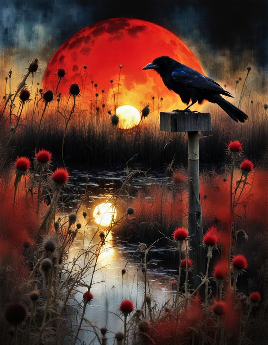 Crow Profile with Black Sun Eclipse, Caricature Style