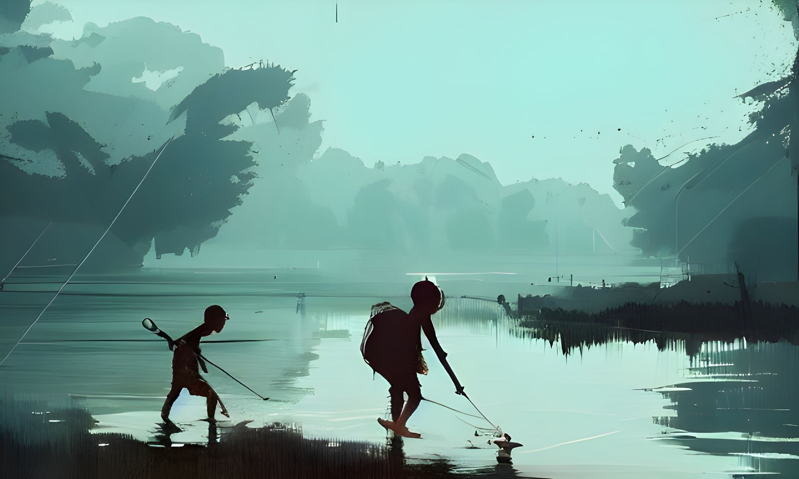 Boys Playing in Lake Cel-Shaded Digital Art