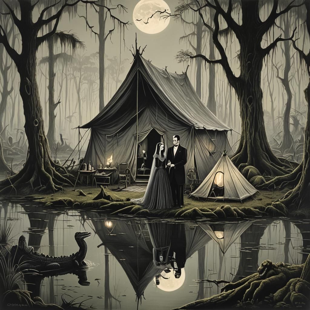 Gomez and Morticia Glamping in Eerie Swamp, Gorey Drawing