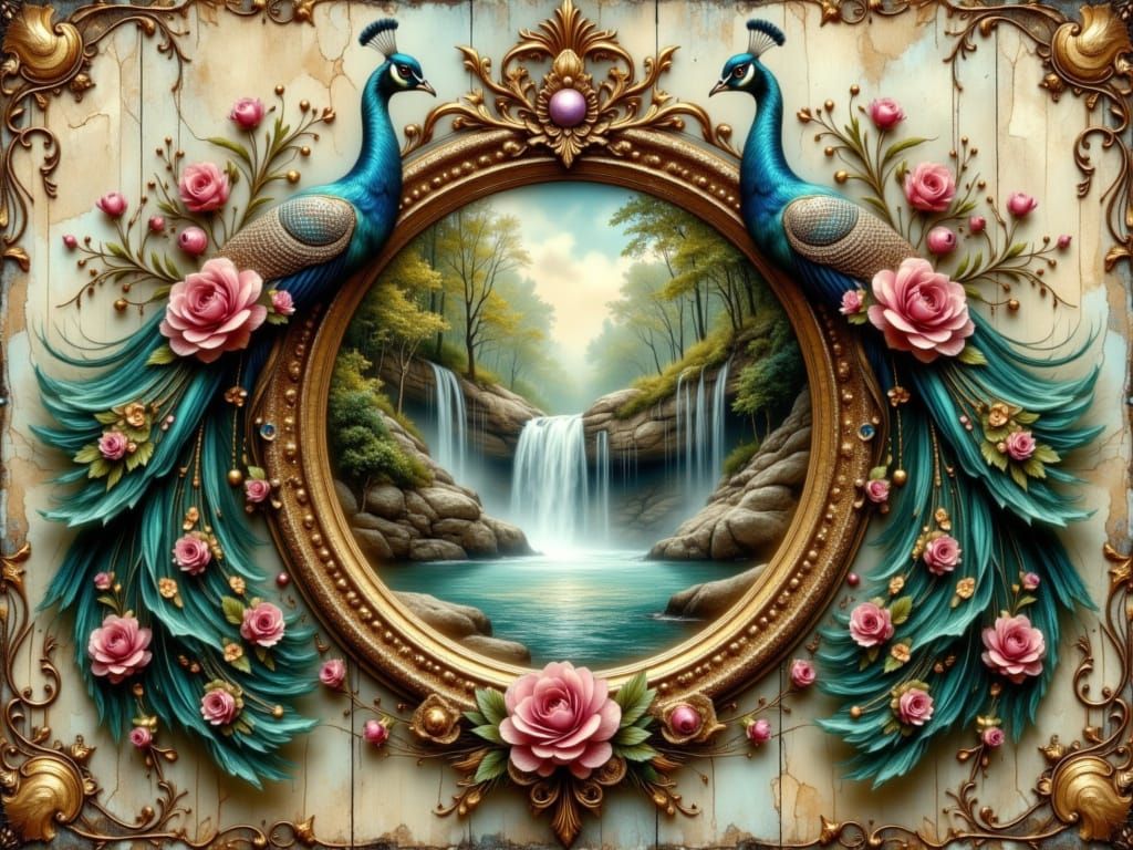 Peacock framed waterfall