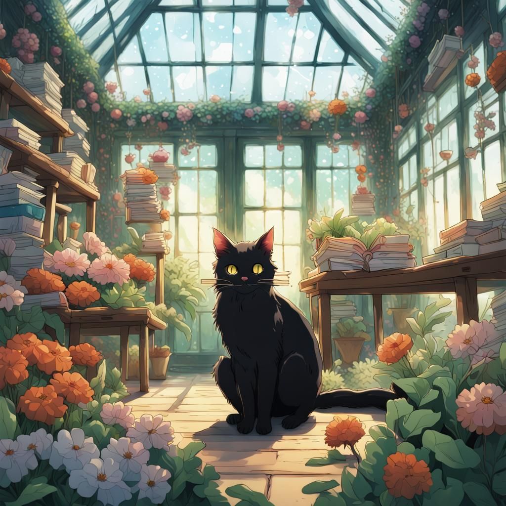 Enchanted Greenhouse Cat: Studio Ghibli Anime