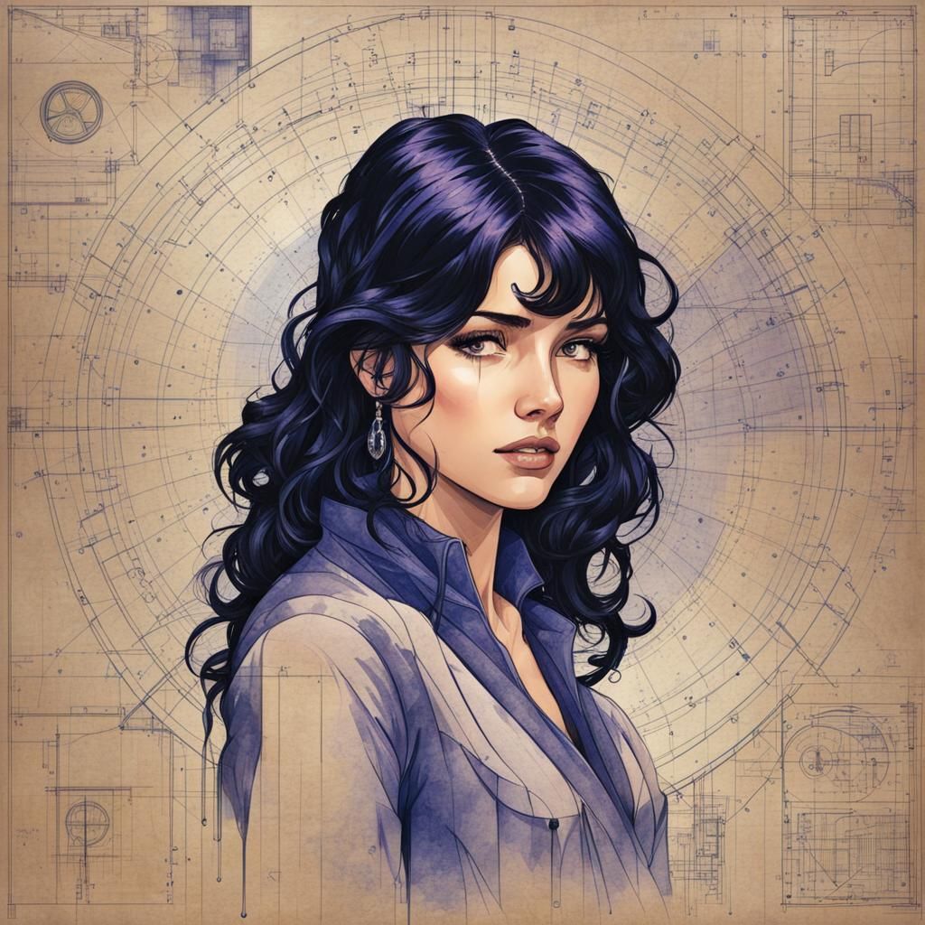 Sad Woman Crying in Technical Concept Art Style