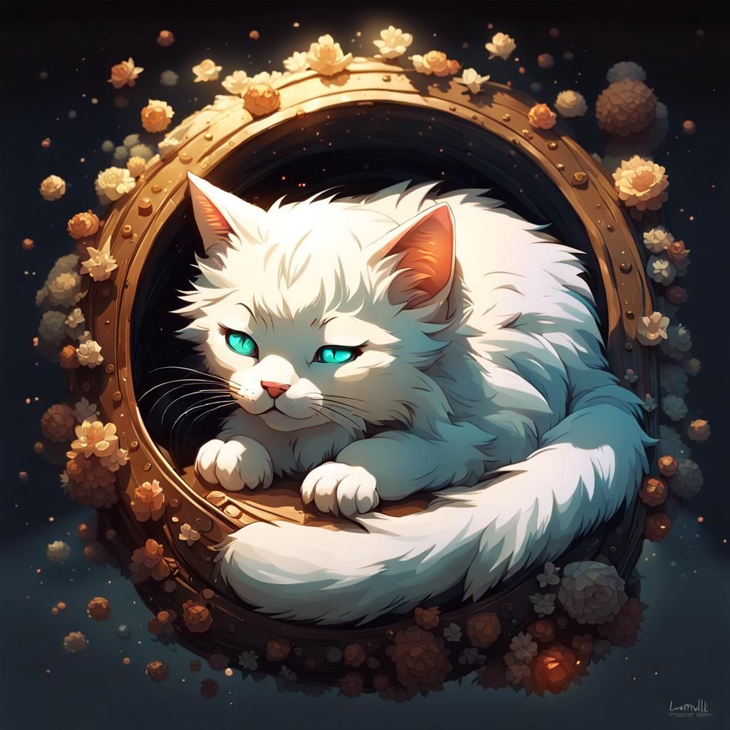 Adorable Sleeping Cat in Dreamland: Digital Art