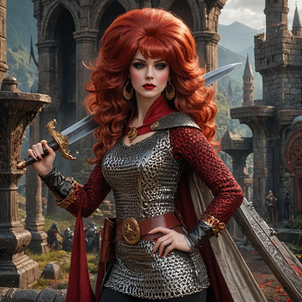 Red-headed knight , chainmail tunic, luxurious red 1970’s bouffant hair, black eyeshadow, red lips, sword in right hand,...