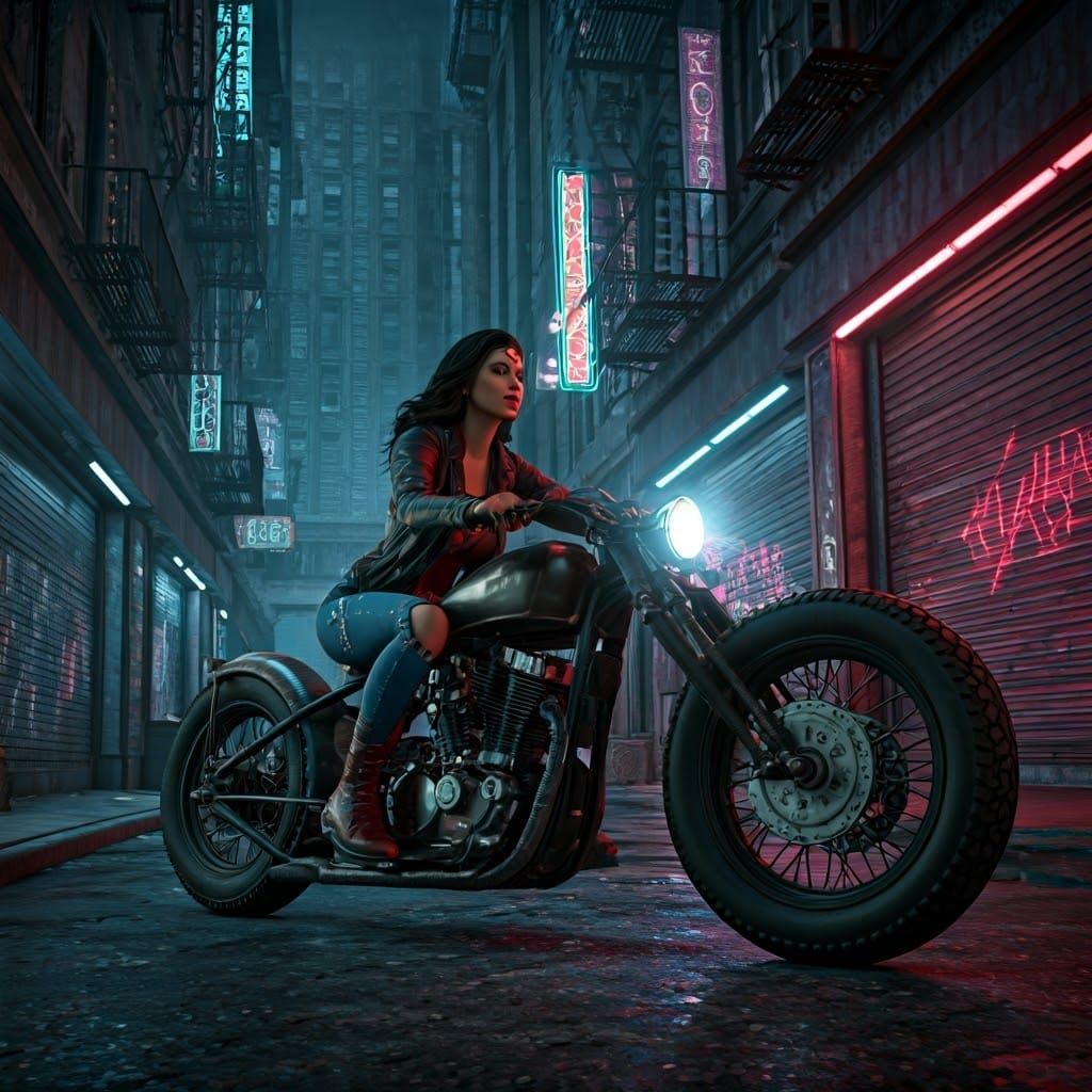 Wonder Woman Rides Chopper in Gritty Noir Cityscape