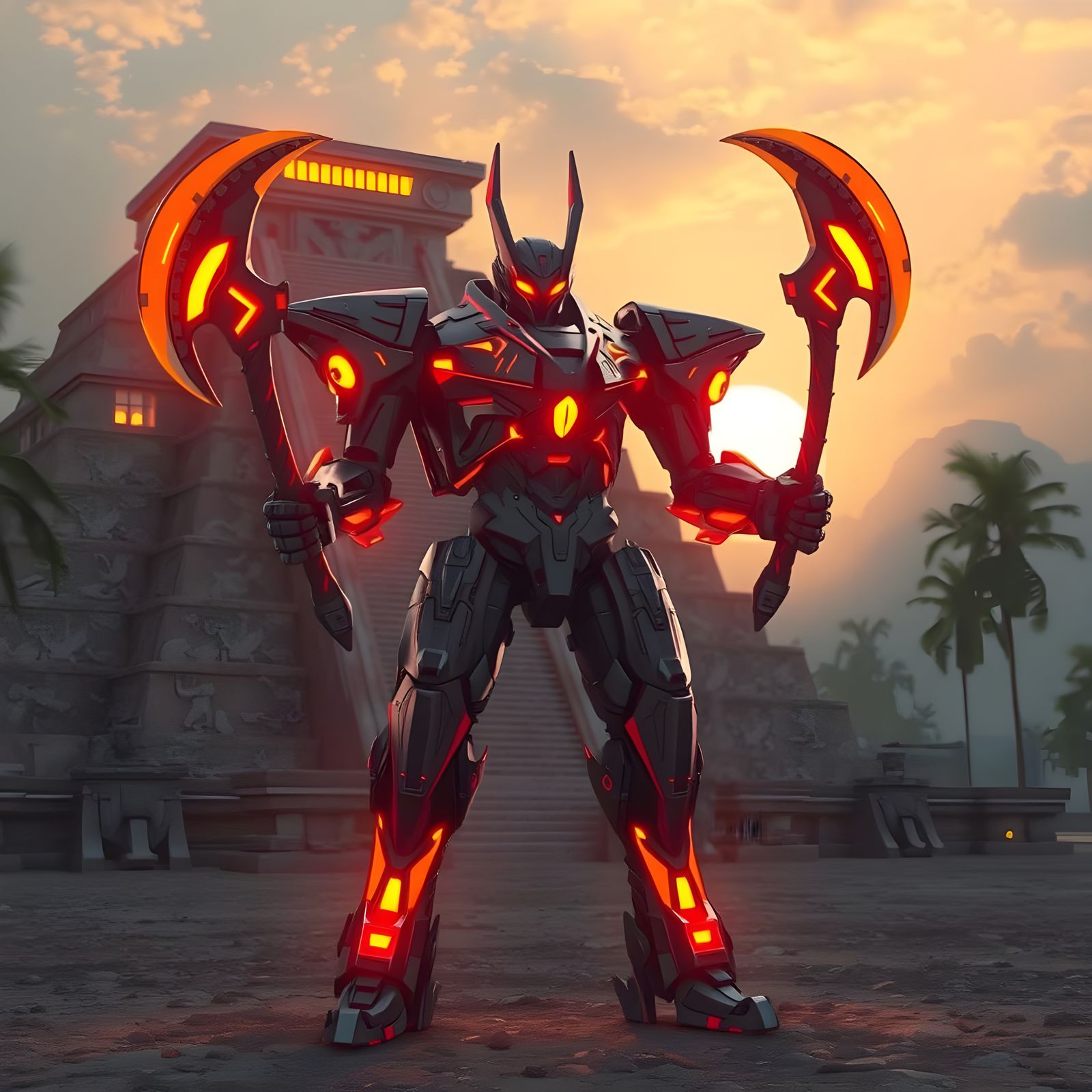 Mech Warrior with Energy Axes at Mayan Temple
