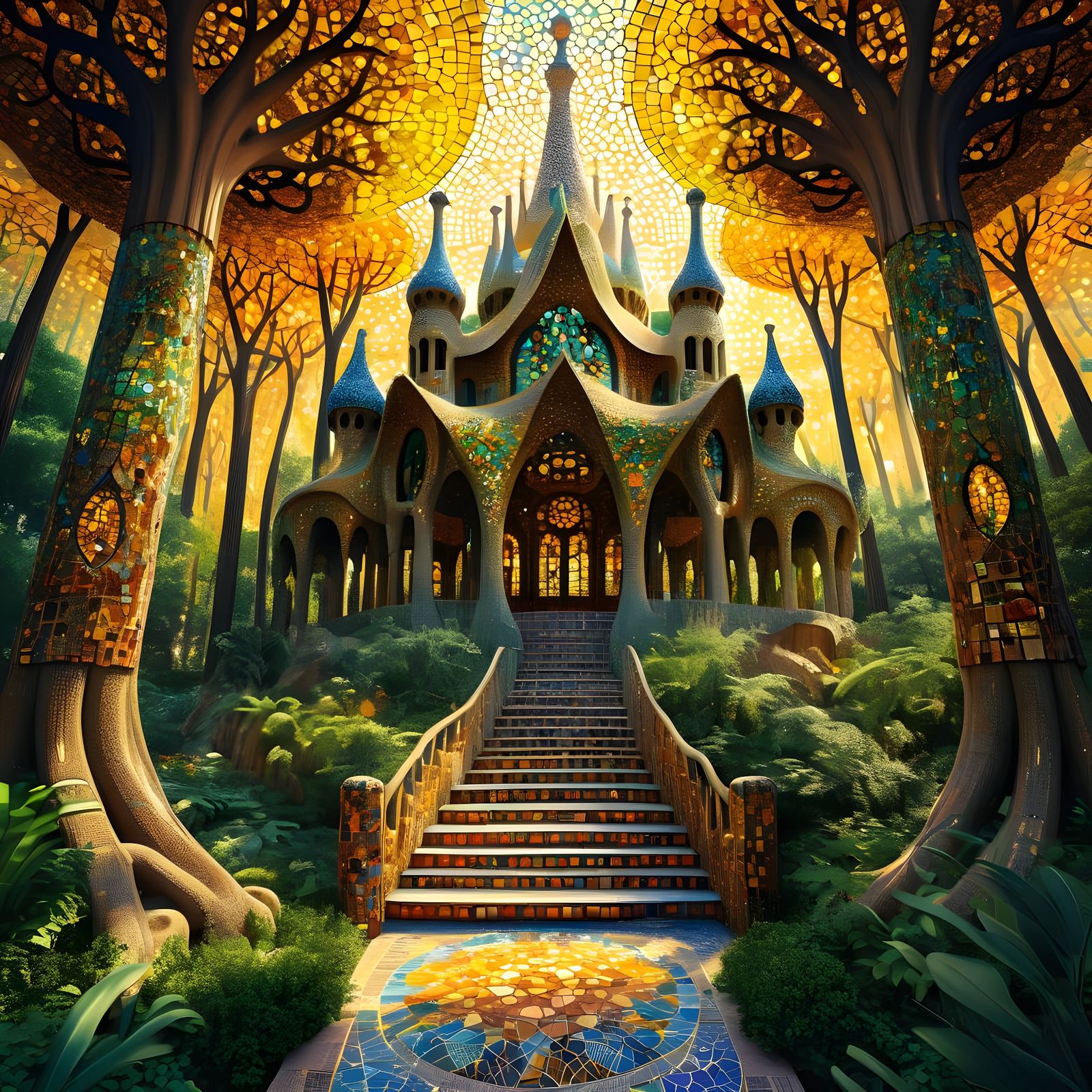 Enchanting Forest Temple Inspired by Gaudí Mosaics