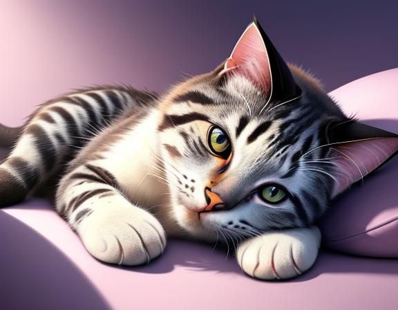 Cuddly Cat Nap on Soft Pillow, Surreal Art