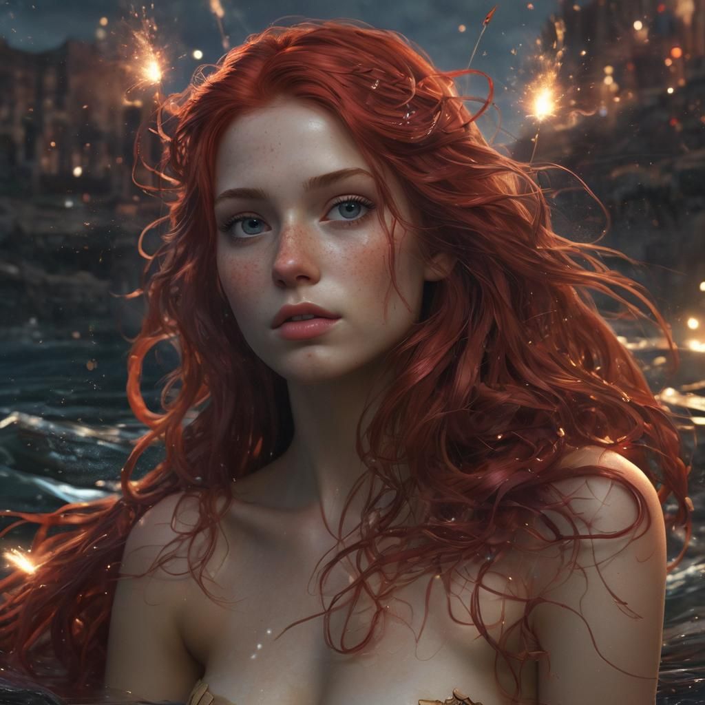 Medieval Mermaid Watching Fireworks, Hyperdetailed Digital A...