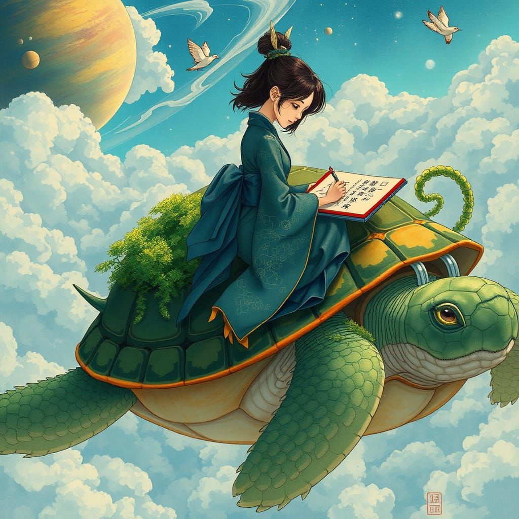 Futuristic Calligraphy on Floating Turtle, Ghibli Style