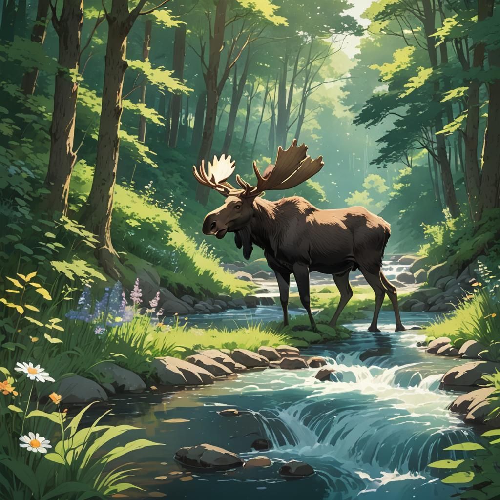 Moose Drinking in Stream: Studio Ghibli Style