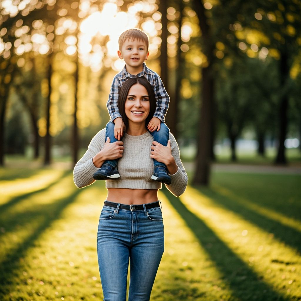 Mum and Son in Sun-Dappled Park at Golden Hour