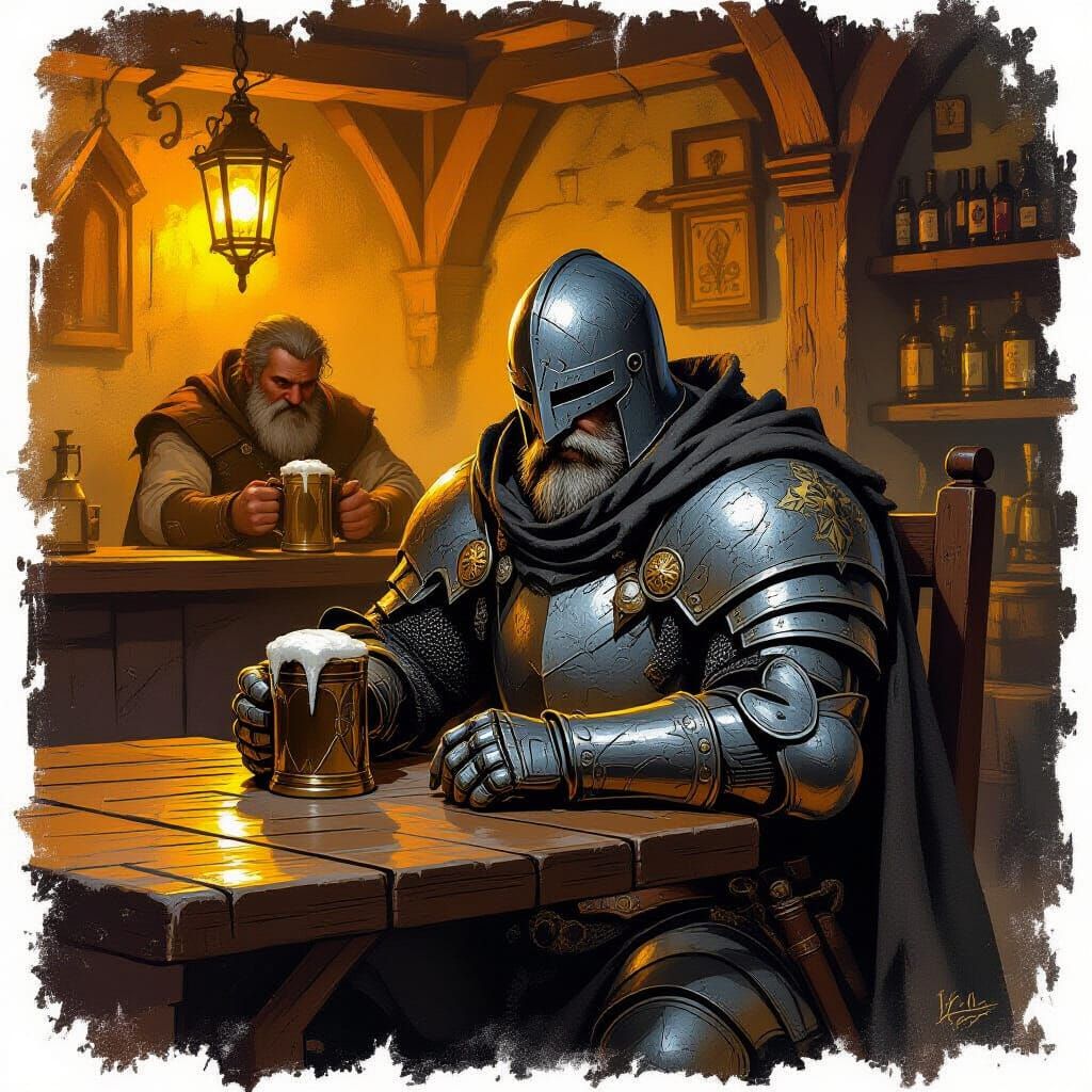 Knight in Dim Tavern with Barkeep, Rembrandt-Inspired Lighti...