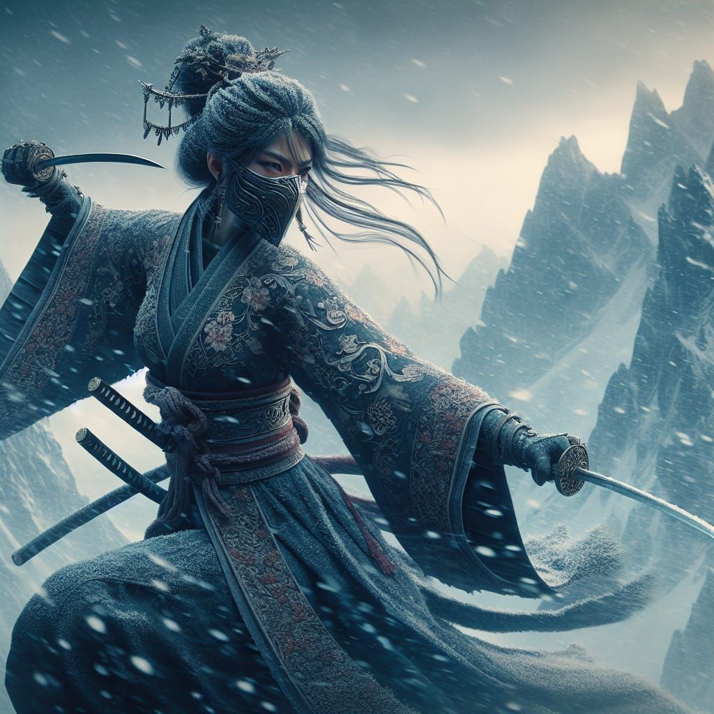 Elegant Asian Warrior in Snowstorm: Fantasy Concept Art
