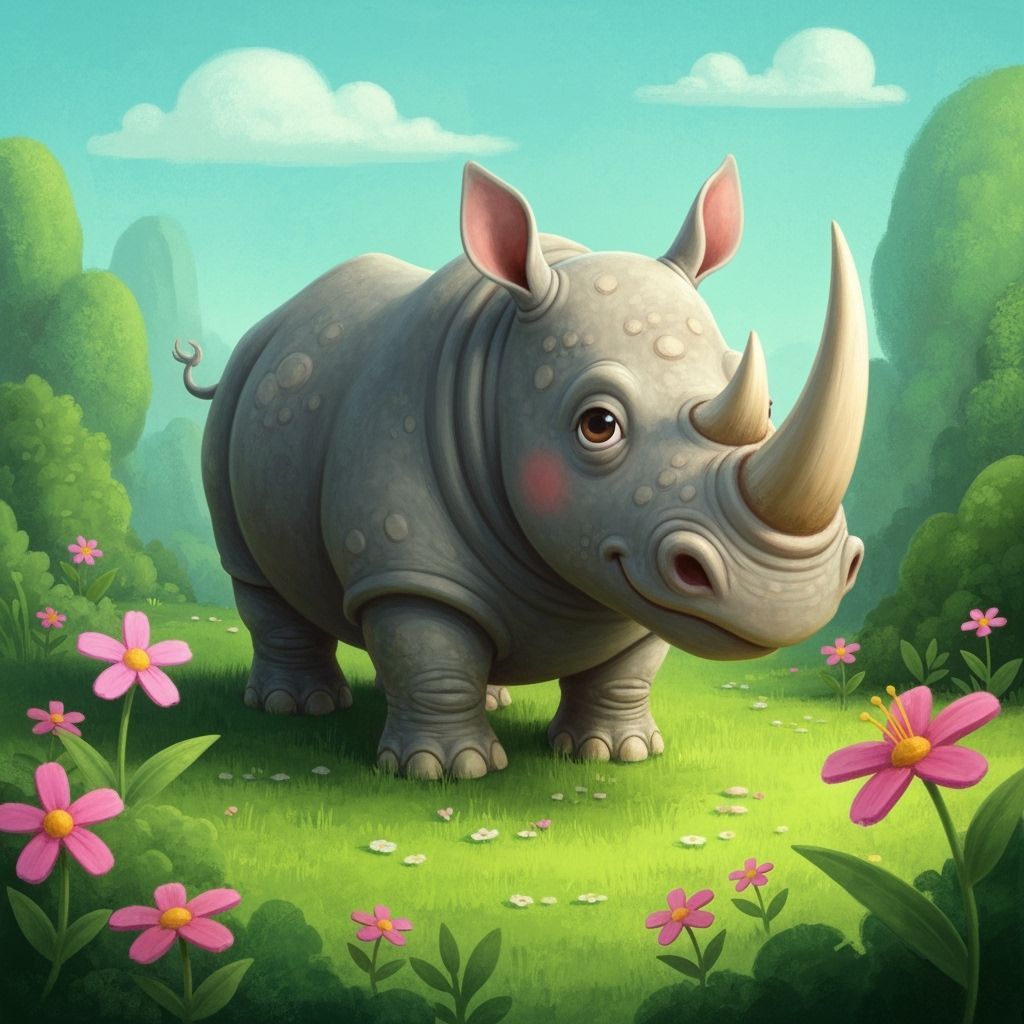 Whimsical Rhino in Lush Meadow, 3D Illustration