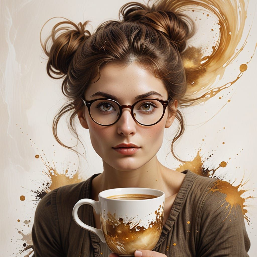 Elegant Lady Amidst Coffee Art in Dreamy Watercolour Style