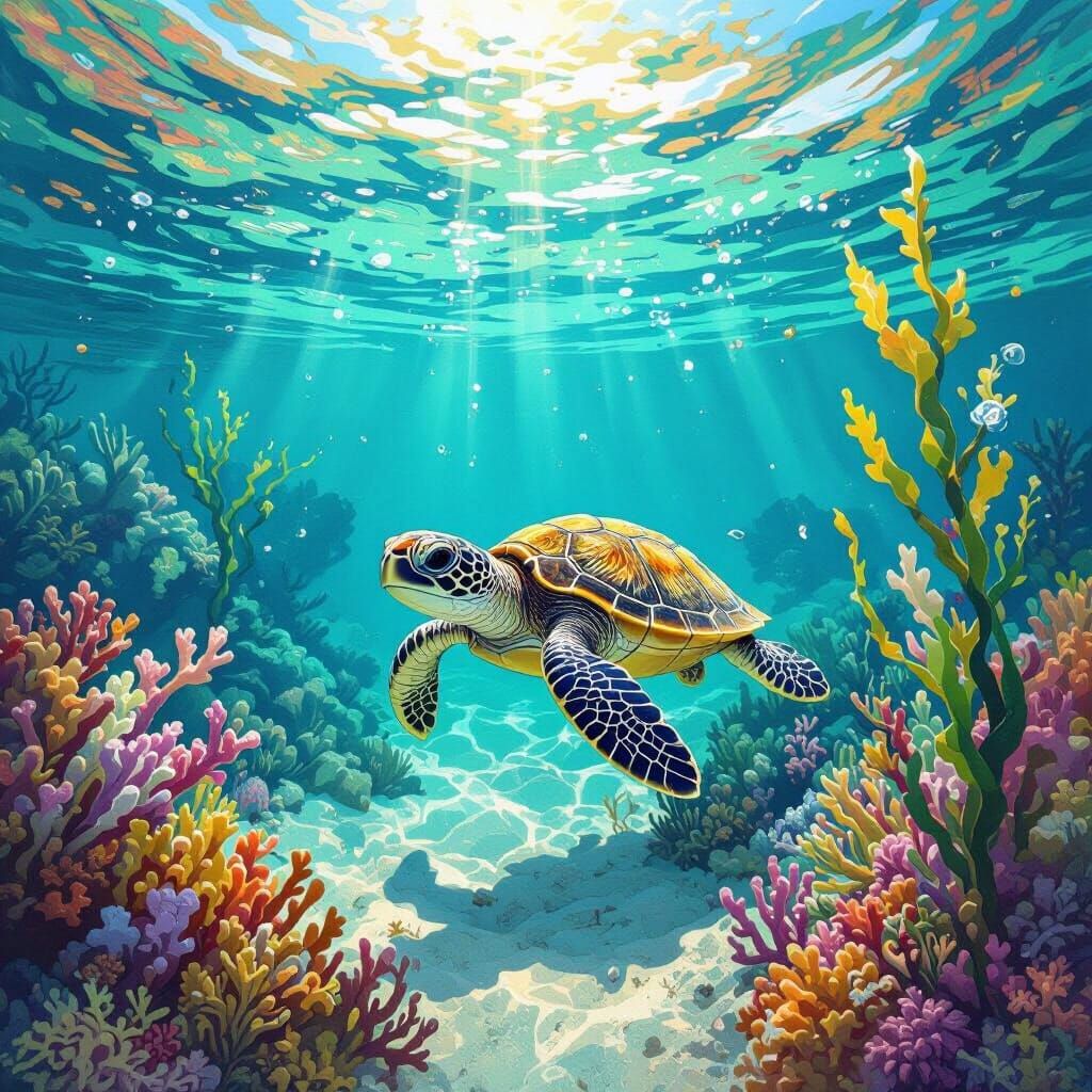 Baby Turtle Swimming in Whimsical Style