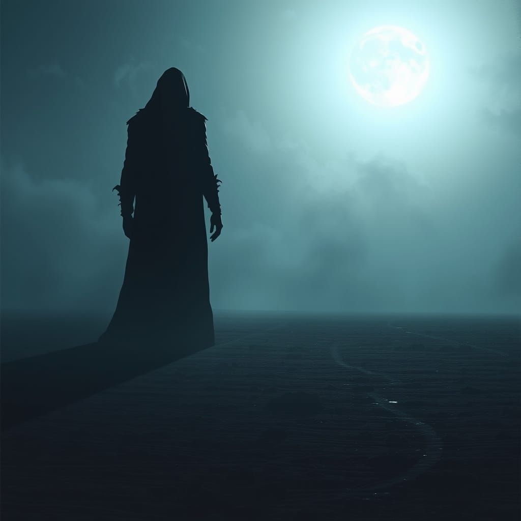 Ominous Figure Emerges from the Misty Horizon in a Dark, Got...