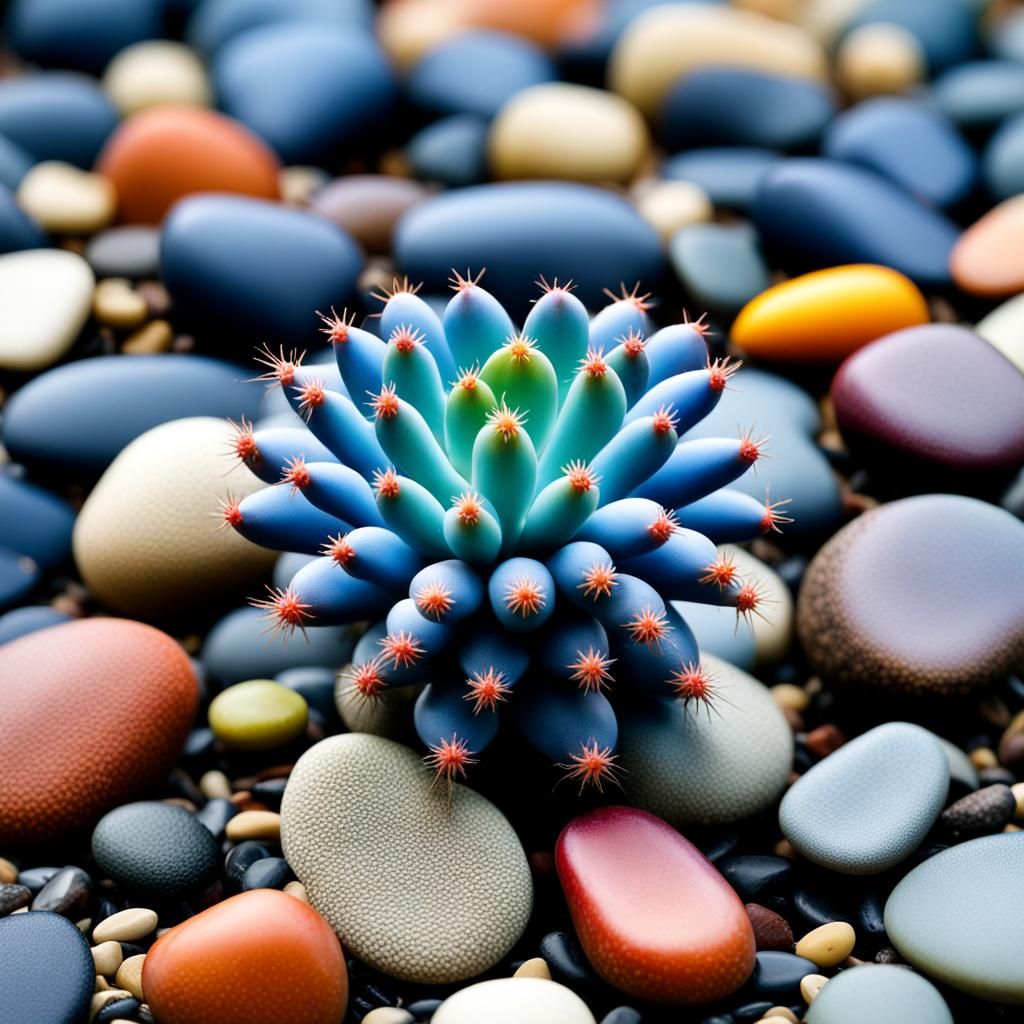 Blue Cactus Among Multicolored Pebbles