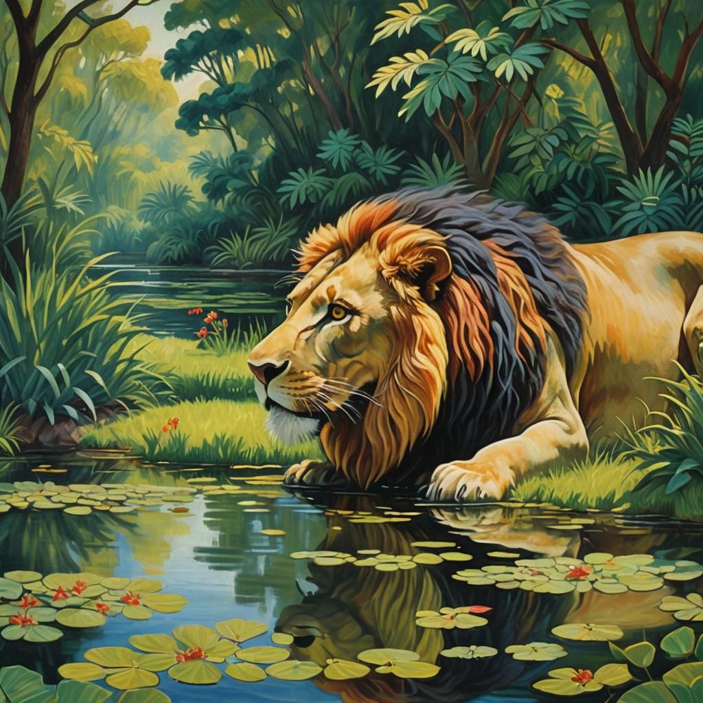 Lion Drinking: Fauvist Matte Painting in Rousseau Style