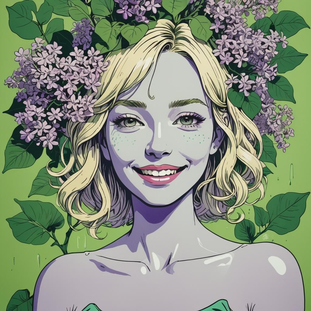 Anime-Style Plant Woman with Lilac Flower Face