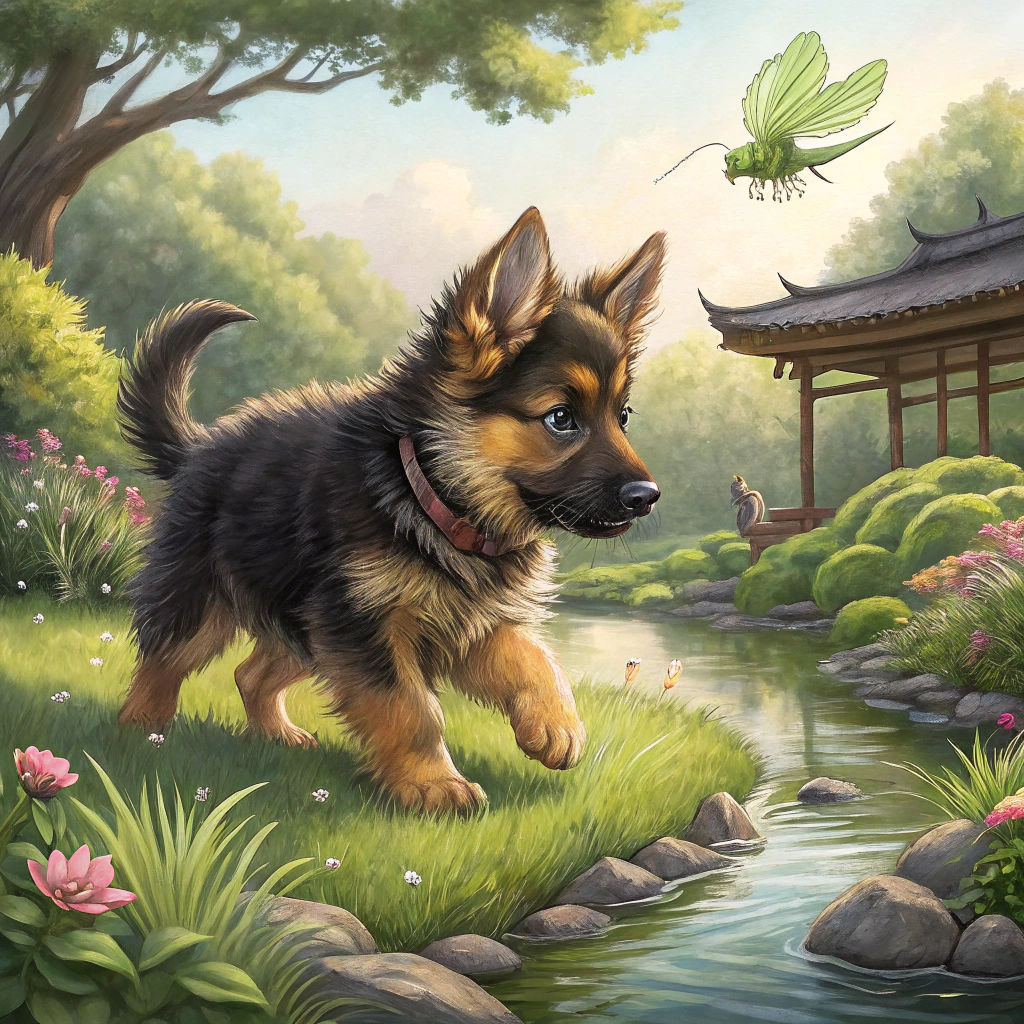 Fluffy Puppy's Playtime in Japanese Garden, Alcohol Ink