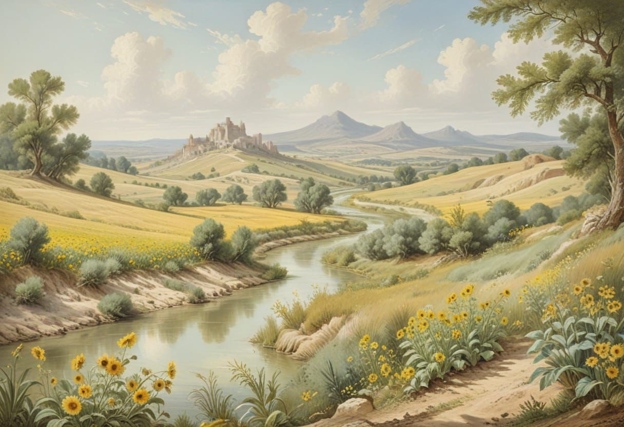 Lush Summer Landscape with Chalk Hills and Wildflowers