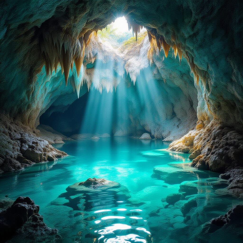 Crystal Cave with Sunbeams and Glowing Formations