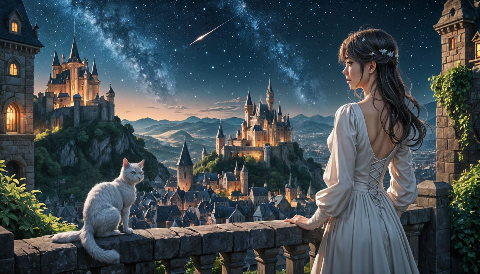 Anime Starry Night Landscape with Woman and Cat