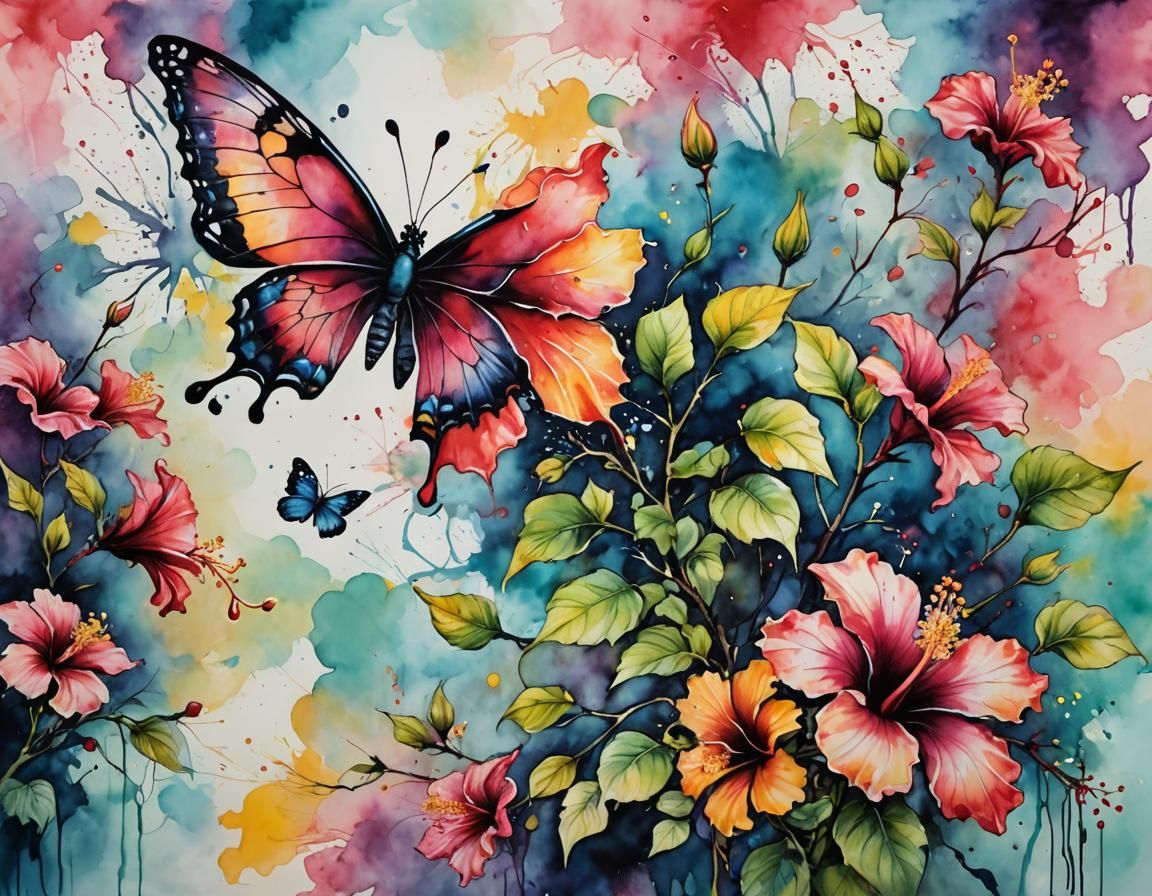 Watercolor Butterfly and Hibiscus in Full Bloom