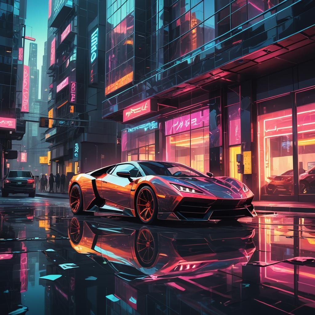 Cyberpunk Supercar in Neon Cityscape, Digital Painting
