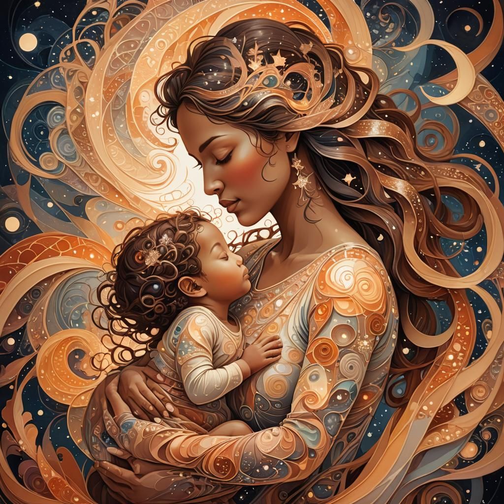 Celestial Mother and Child in Gouache Watercolor