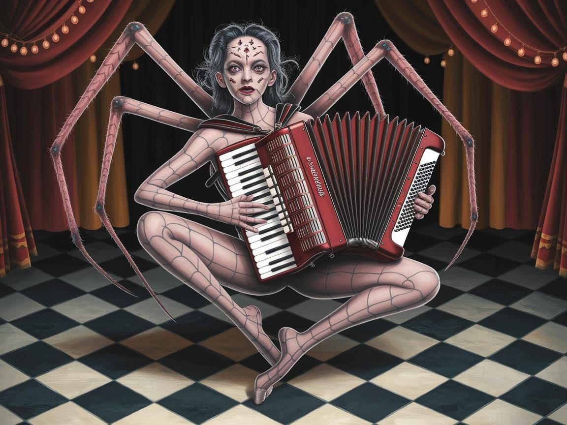 Dark Circus Spider Woman Plays Accordion in Oil Painting