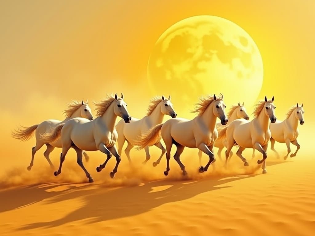 Seven White Horses Gallop Through Desert Dunes in Golden Lig...