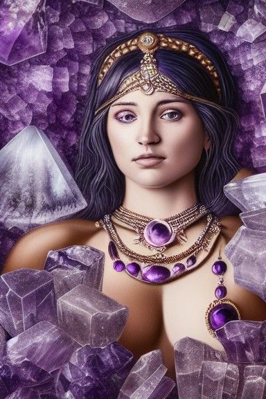 Goddess Among Amethyst Crystals: Photorealistic Portrait