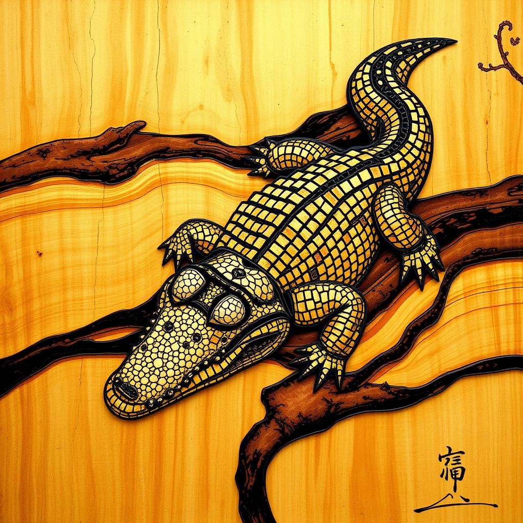 3D Burned Wood Mosaic Crocodile in Shou Sugi Ban Style