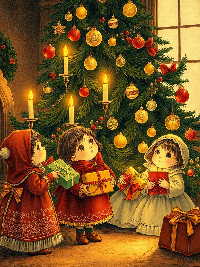 Children Gather Round Christmas Tree in Art Nouveau Style