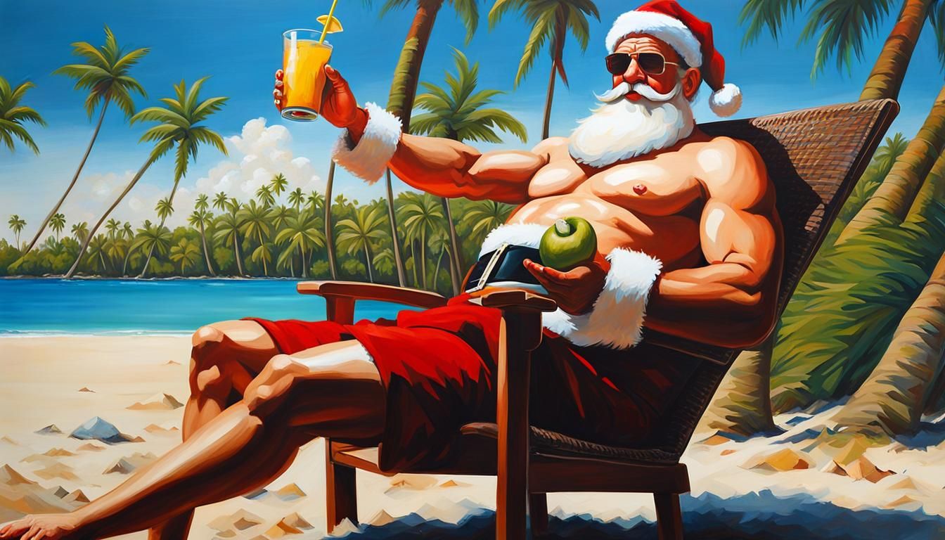 Santa Claus's Tropical Beach Vacation as Graffiti Art