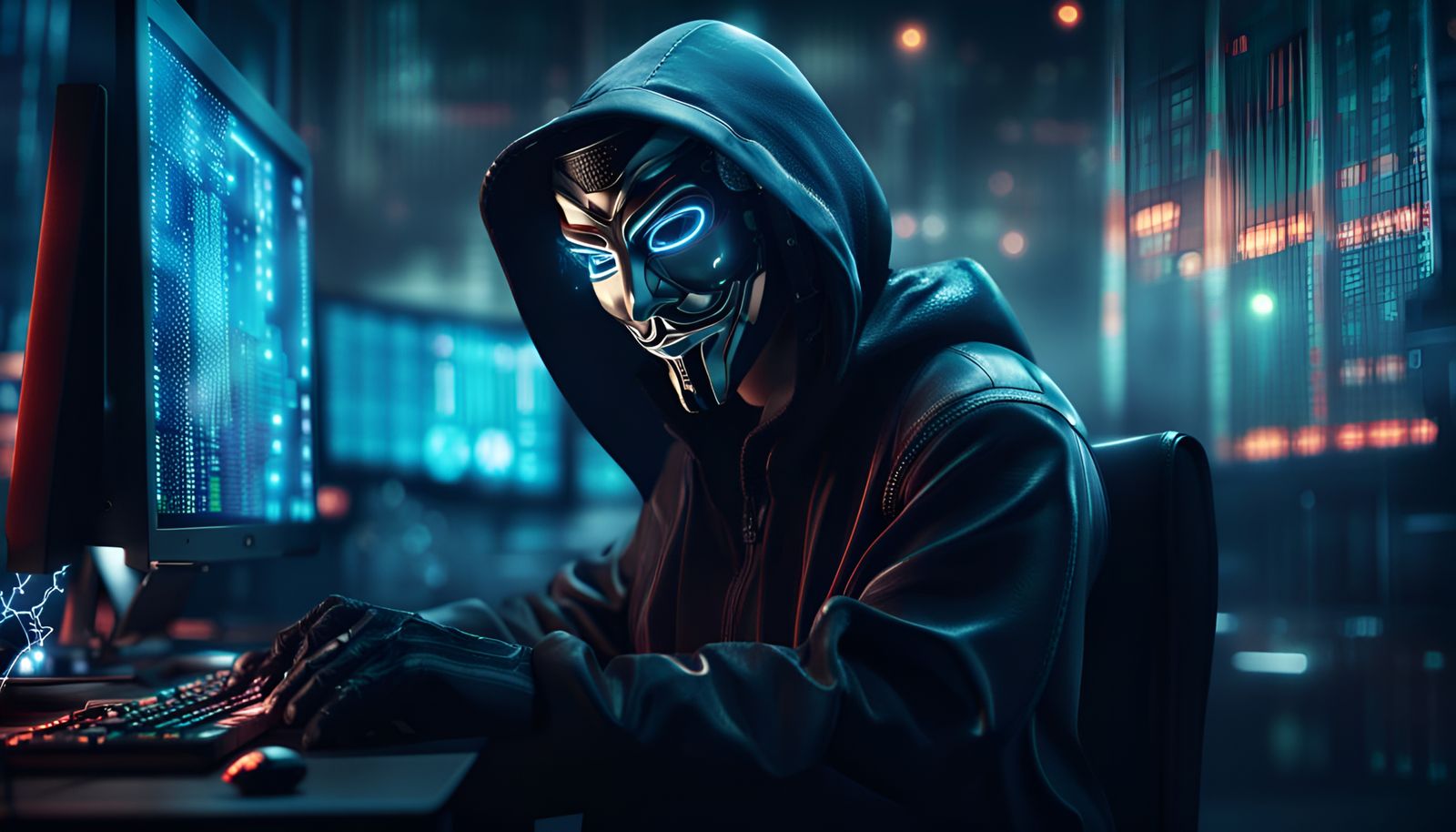 Sci-Fi Hacker with Anonymous Mask on Computers
