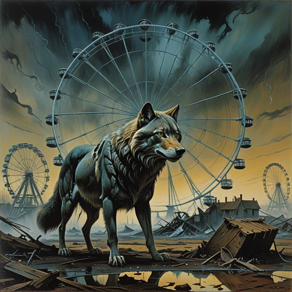 Surreal Wolf Frozen in Mid-Air Amidst Twisted Ferris Wheel a...