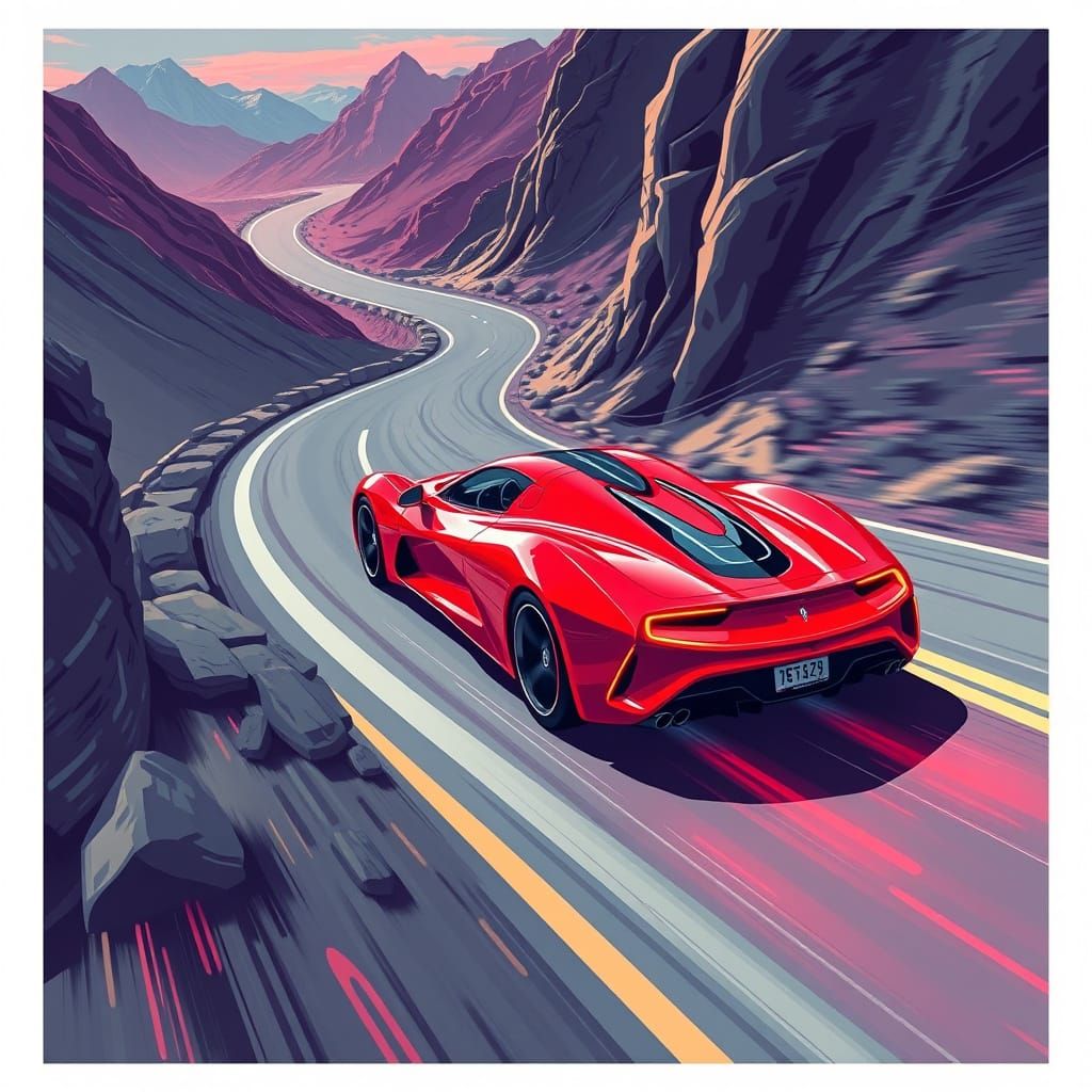 Futuristic Red Sports Car Speeds Down Winding Mountain Road