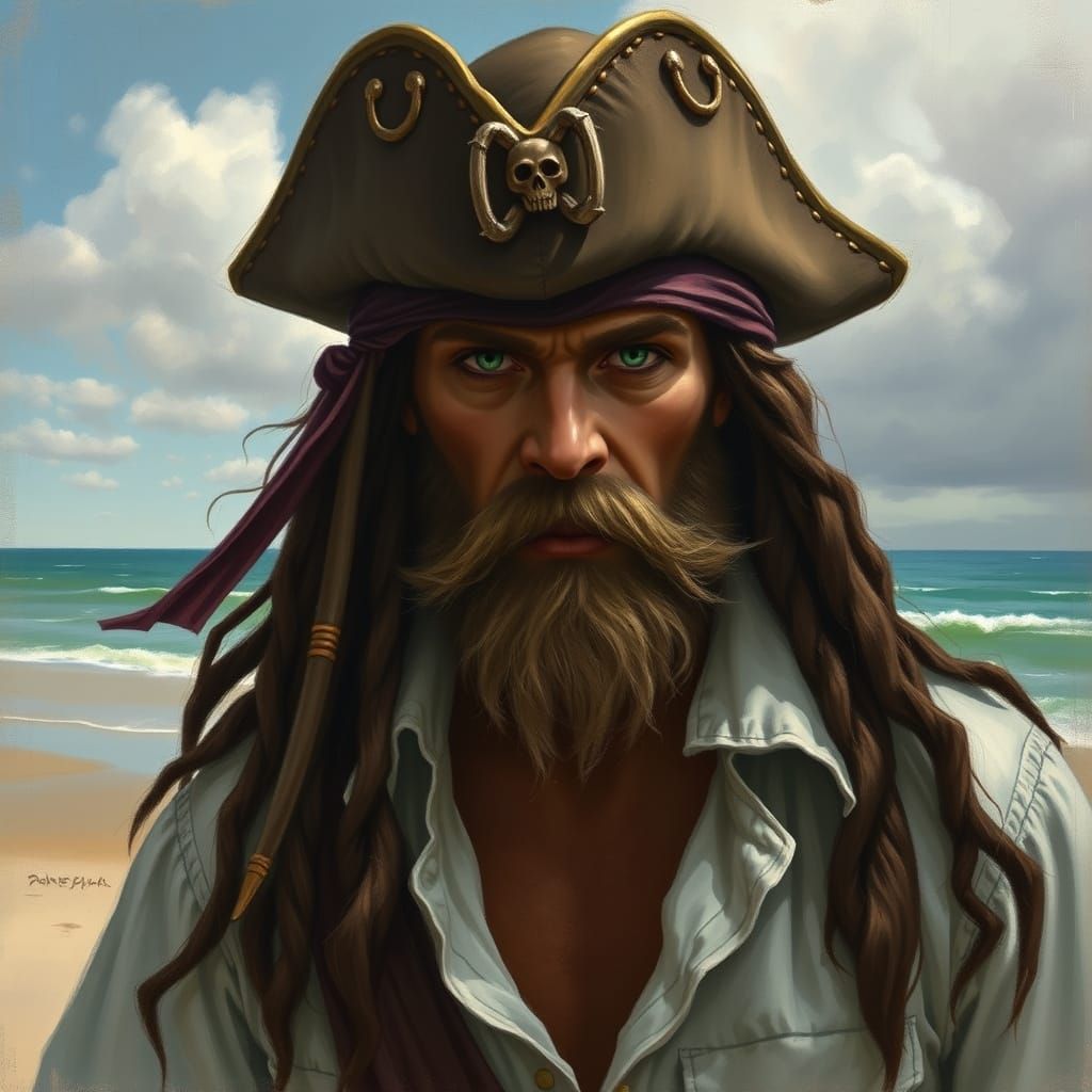 Pirate with Green Eyes on the Shoreline