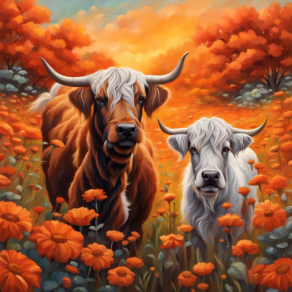 Irish Setter and Highland Cow in Orange Flower Field