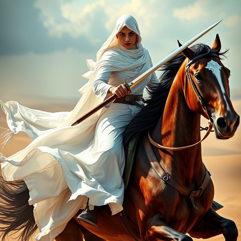 Elegant Warrior Queen Rides into Battle with Sword in Hand