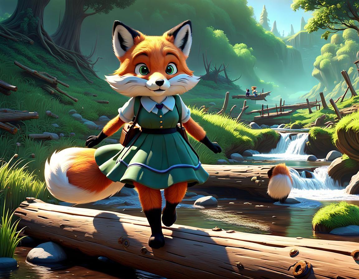 Fox Girl Walks Home: Pixar-Style 3D Digital Art