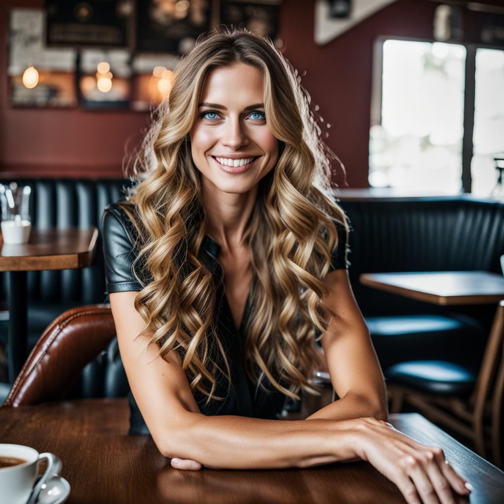 Woman with Blue Eyes Smiling in Cafe