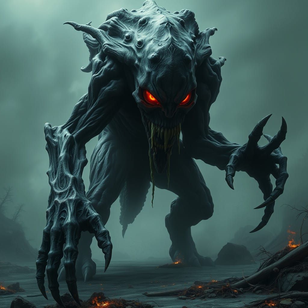 Ethereal Horror with Twisted Flesh and Glowing Eyes in Cyber...