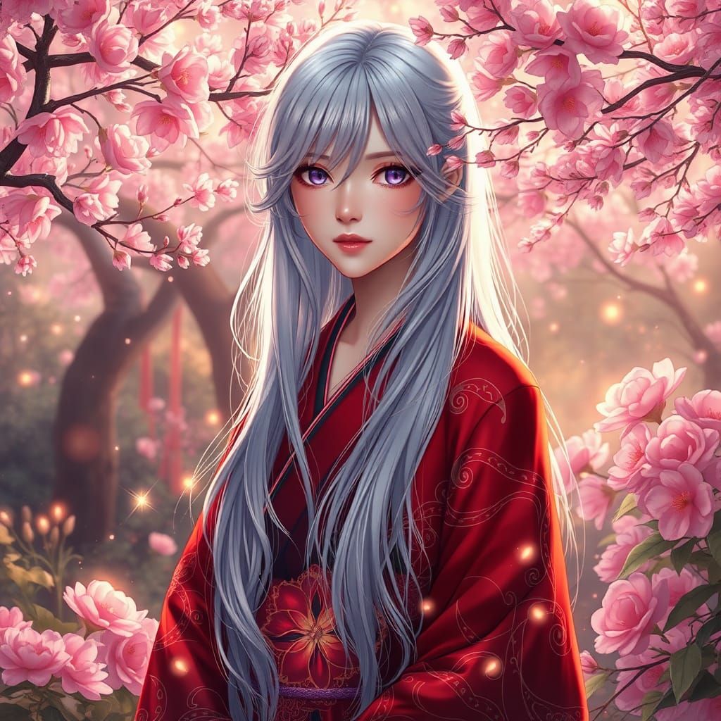 Serene Woman in Kimono Under Cherry Blossoms