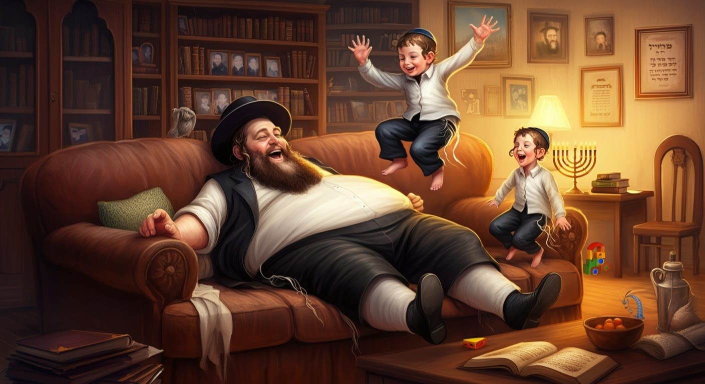 Joyful Hasidic Family Scene in Digital Comic Style