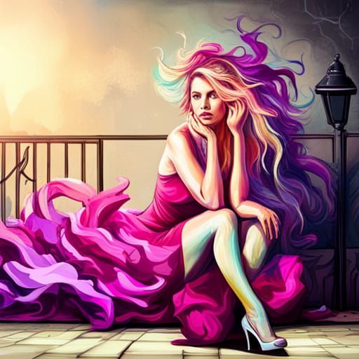 Blonde Woman in Magenta Dress: Graffiti Art